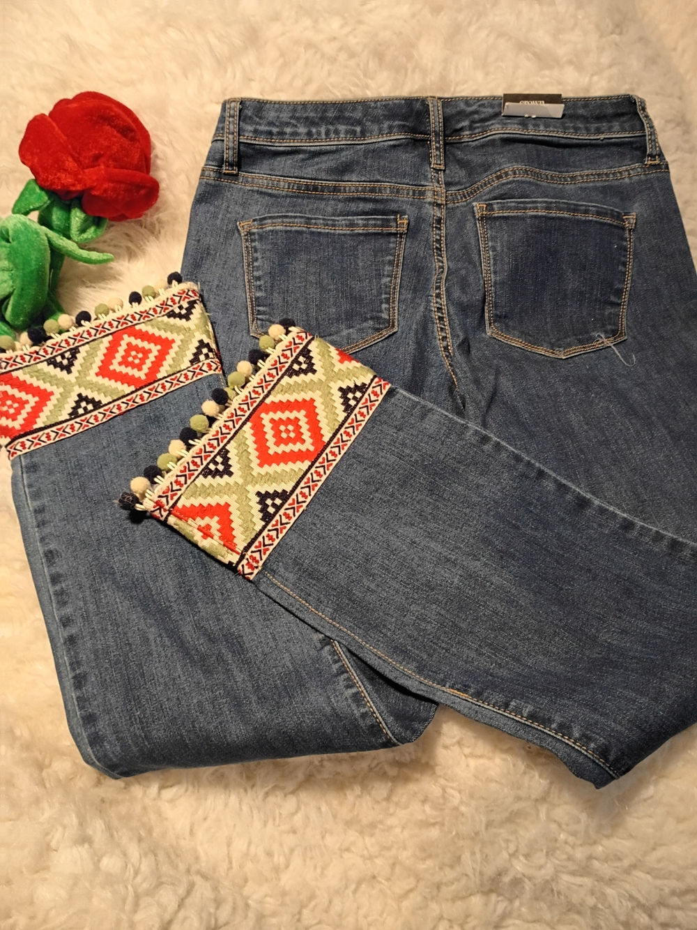 Crown & Ivy Women’s Blue Denim Jeans with Embroidered Pom-Pom Cuffs